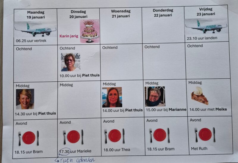 Dit is het schema voor Piet voor alle hulp